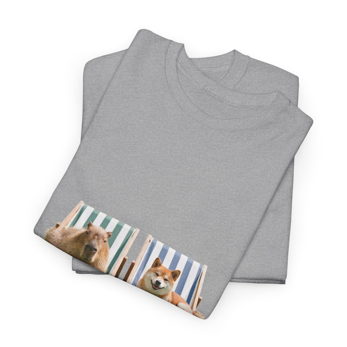 Shiba Inu and Capybara Relaxing T-Shirt — Relaxing on Deck Chairs Cute Summer Tee